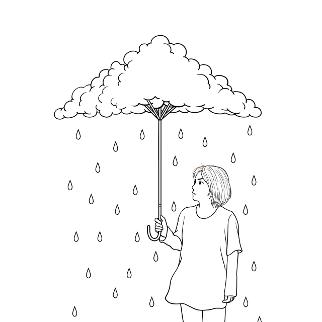 a girl holding an umbrella in the rain, lineart, conceptual art, with clouds in the sky, colouring - in sheet, with a tall tree, rain sensor
