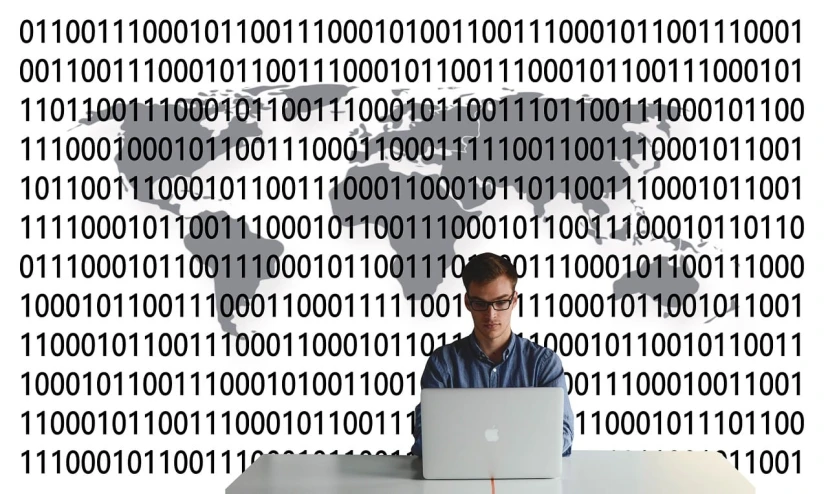 a man sitting in front of a laptop computer, a computer rendering, pixabay, ascii art, supercomputers text to images, binary, man with glasses, sitting on a lab table