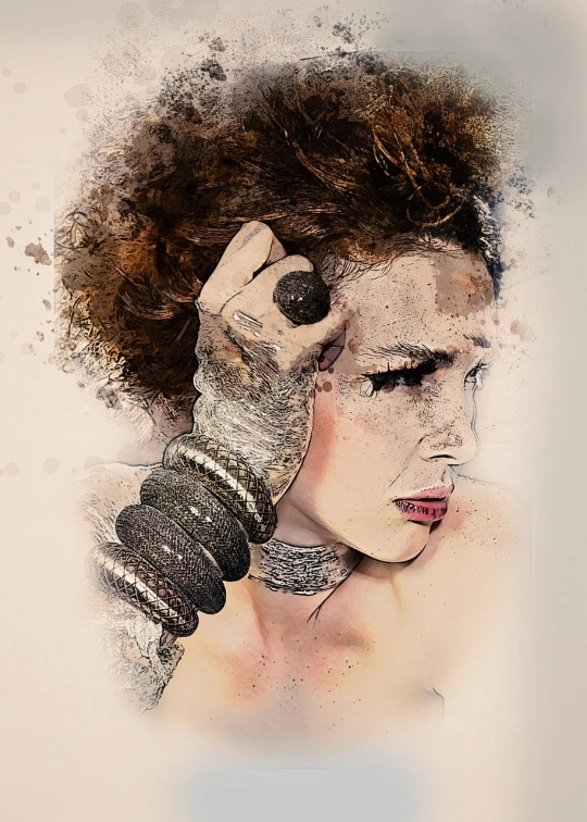 a painting of a woman with a tattoo on her arm, digital art, art photography, covered in dust, photo of a hand jewellery model, with textured hair and skin, ink and screentone
