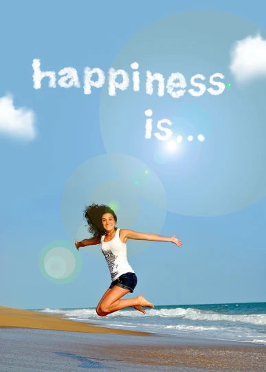 a woman jumping in the air on a beach, a picture, inspired by Johann Liss, happy smiley, word, happiness, watch photo