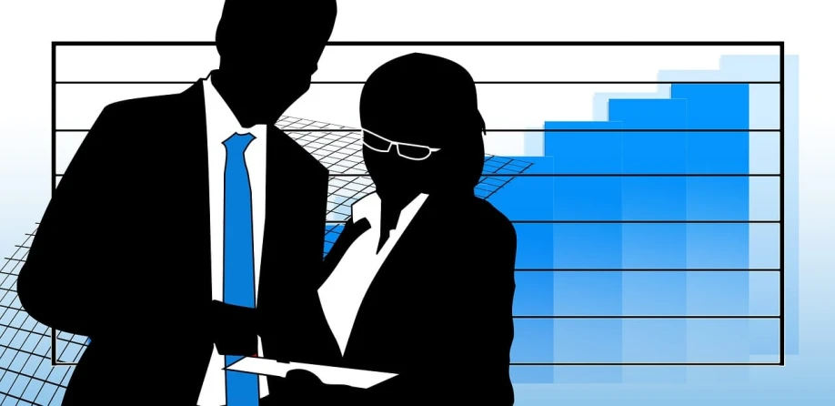 a couple of people standing next to each other, an illustration of, by Mirko Rački, pixabay, woman in business suit, charts, in suit with black glasses, blues