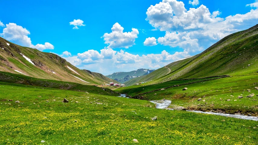 a river running through a lush green valley, by Muggur, shutterstock, les nabis, meadow with flowers, located in hajibektash complex, in the snow mountains, 2 0 2 2 photo