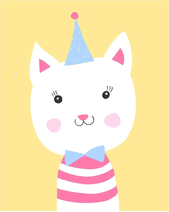 a white cat wearing a birthday hat, furry art, simple and clean illustration, striped, a portrait of the character, unicorns