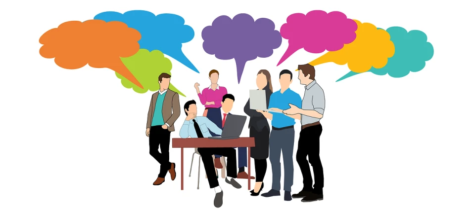 a group of people with speech bubbles above them, a cartoon, shutterstock, people at work, [ colourful, 3945074687, talking