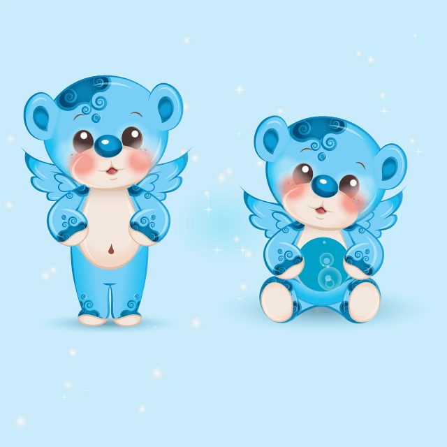 a couple of teddy bears sitting next to each other, vector art, digital art, blue fireflies, with two pairs of wings, cartoon style illustration, light blue skin