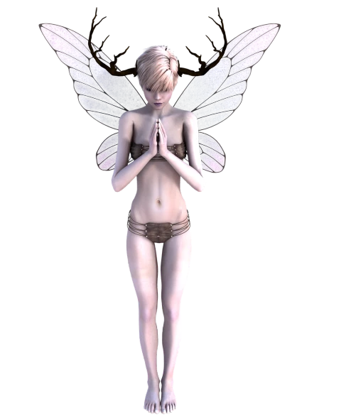 a 3d illustration of a woman dressed as a fairy, a 3D render, inspired by Anne Stokes, praying posture, with a black background, fullbody photo, fbx