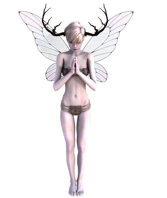 a 3d illustration of a woman dressed as a fairy, a 3D render, inspired by Anne Stokes, praying posture, with a black background, fullbody photo, fbx