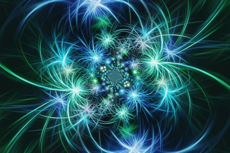 a computer generated image of a blue and green flower, digital art, whirling nebulas, cosmic energy wires, astral background, quantum tracerwave!