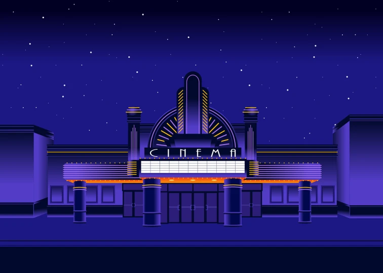 a movie theater on a city street at night, pixel art, retro line art, game poster, center view, poster illustration