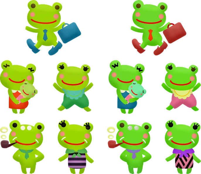 a group of green frogs standing next to each other, vector art, by Hiroyuki Tajima, deviantart, mingei, normal clothes, game icon asset, bag, 😃😀😄☺🙃😉😗