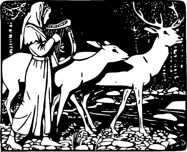 a black and white drawing of a woman and a deer, featured on pixabay, arts and crafts movement, game illustration, the seventh seal, instrument, cut-scene