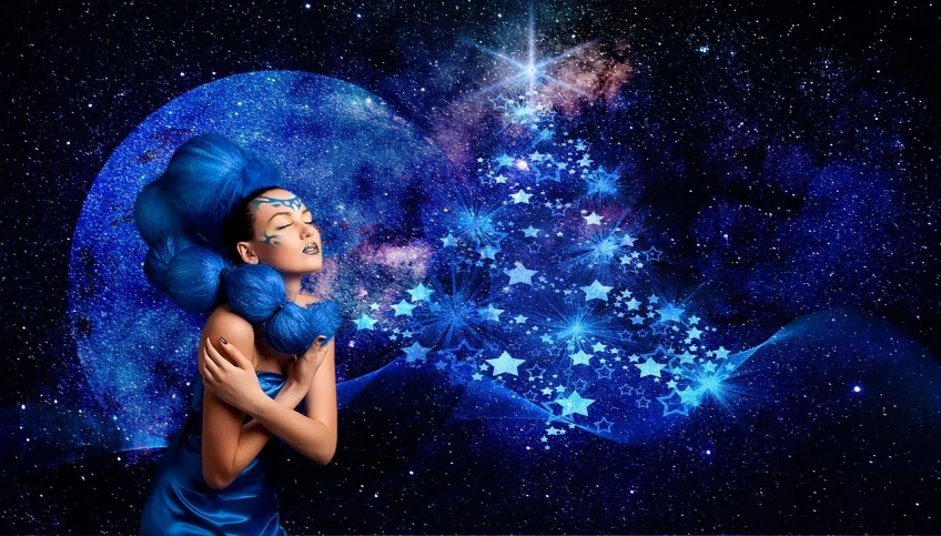 a woman with blue hair and stars in the background, a photo, trending on pixabay, magical realism, christmas night, art deco of a space woman, rich blue color, mother earth