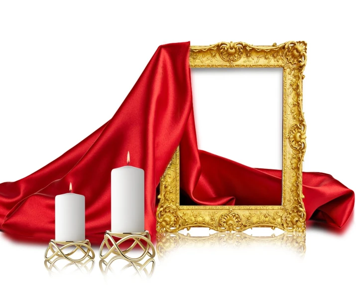 a couple of candles sitting next to a picture frame, a picture, by Rhea Carmi, shutterstock contest winner, baroque, red silk flowing fabric, isolated on white background, on a reflective gold plate, card frame