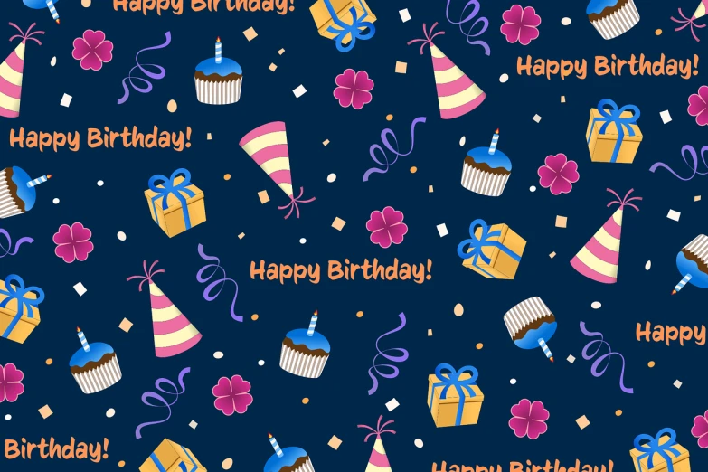 a pattern of happy birthday items on a blue background, vector art, shutterstock, background image, on black background, various artists, 6
