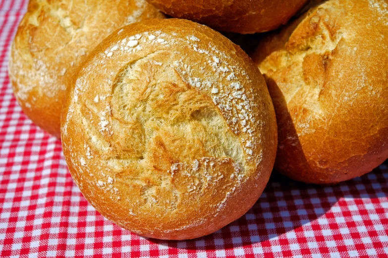 a pile of bread sitting on top of a red and white checkered table cloth, a portrait, by Dietmar Damerau, pixabay, with a round face, on a sunny day, highly detailed close up shot, loaves