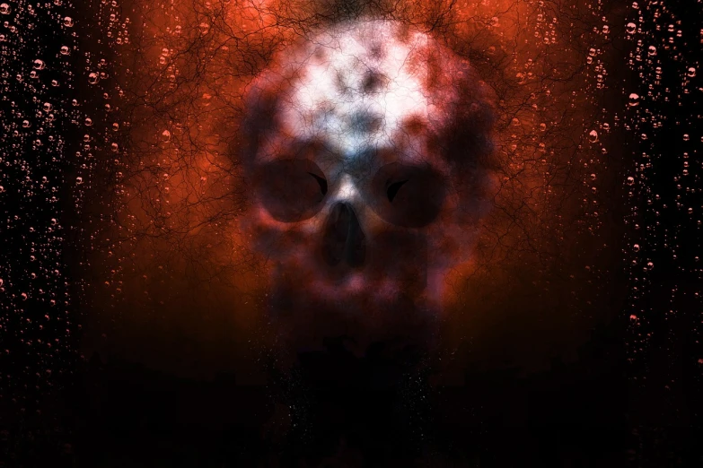 a close up of a skull on a window, digital art, by Jon Coffelt, flickr, digital art, red illuminating fog, bottom - view, nebula with the shape of a skull, digital art - w 640