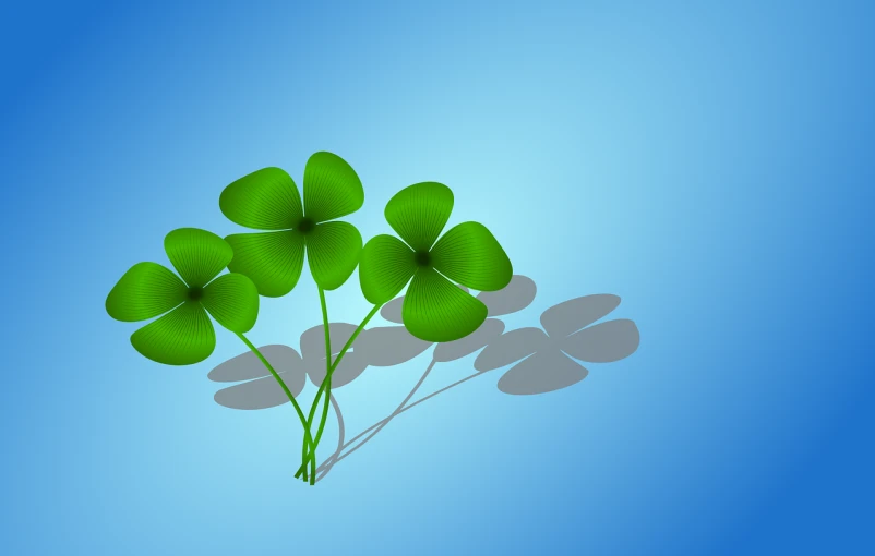 a bunch of four leaf clovers on a blue background, an illustration of, minimalism, excellent light and shadows, green plant, portfolio illustration, reflection