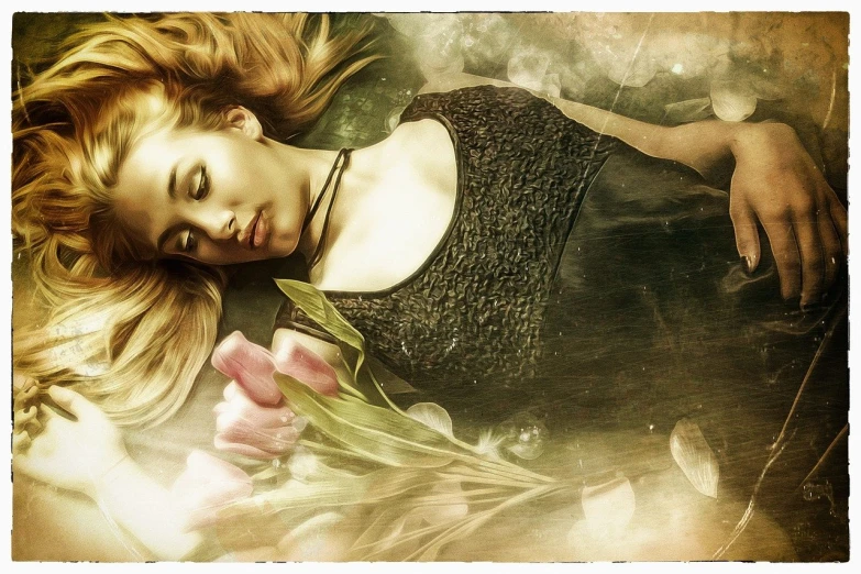 a woman laying down with a flower in her hand, inspired by Kurt Roesch, romanticism, ((oversaturated)), tulips, [[fantasy]], texturized