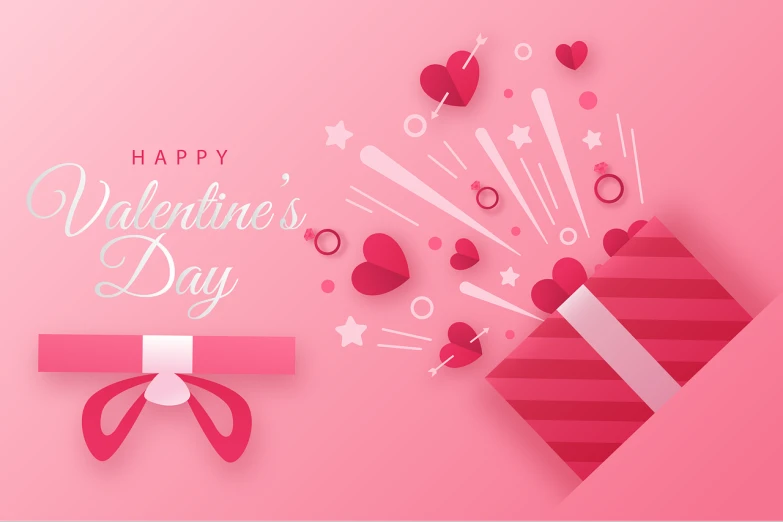 a valentine's day card with a gift on a pink background, vector art, shutterstock, wide wide shot, stunning design, background image, flat design