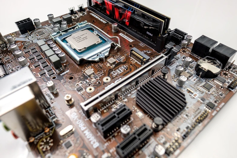 a close up of a computer mother board, by Matthias Stom, shutterstock, highly detailed 8k photography, high detail product photo, gaming pc, high resolution product photo