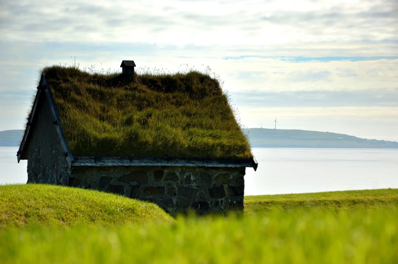 a small building with grass on top of it, by Jesper Knudsen, pixabay contest winner, renaissance, orkney islands, view from the side”, roof garden, shore