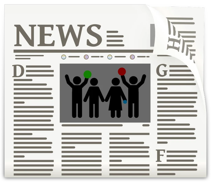 a group of people standing on top of a newspaper, a digital rendering, by Radi Nedelchev, trending on pixabay, private press, on simple background, news report, family photo, where everyone is an npc