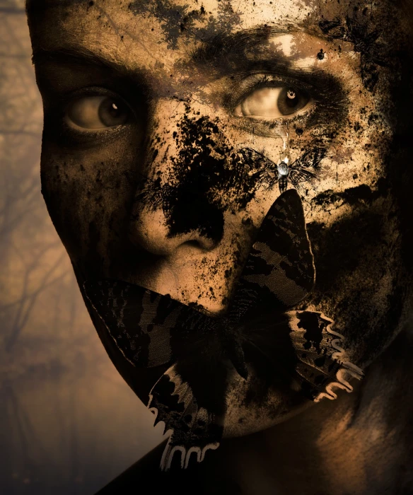 a close up of a person with a butterfly on their face, inspired by Igor Morski, digital art, post apocalyptic background, dirt on face, horror photo, shadowy and eerie character