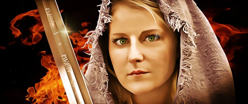 a woman with a sword in front of a fire, vector art, inspired by Anne Stokes, blond hair green eyes, closeup painted portrait, annasophia robb as joan of arc, drawn with photoshop