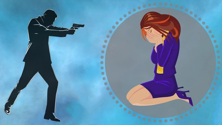 a woman kneeling down next to a man holding a gun, trending on pixabay, digital art, wikihow illustration, abused, female spy, header