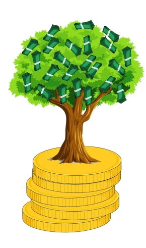 a money tree on a pile of coins, an illustration of, naive art, sticker illustration, graphic illustration, tournament, birch