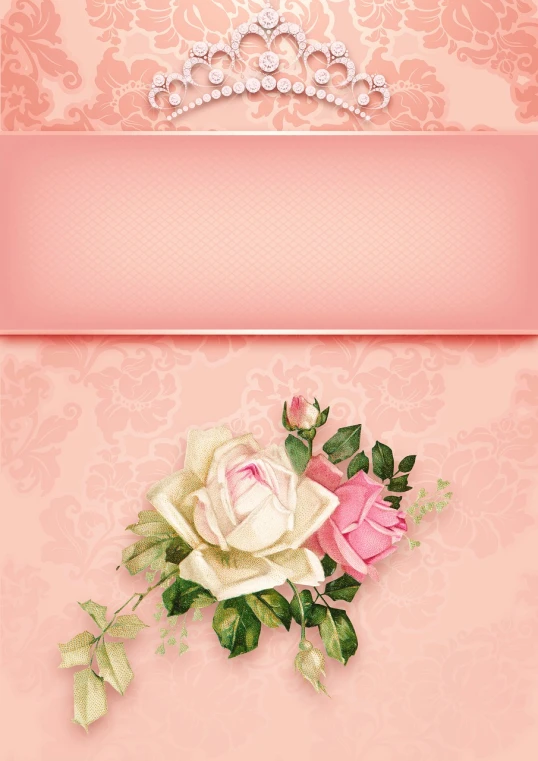 a pink background with roses and a tiable, a pastel, romanticism, ornate flower design, white roses, damask, satin