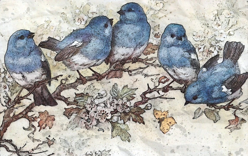 a group of birds sitting on top of a tree branch, an illustration of, by Mary Audsley, trending on pixabay, fine art, winter blue drapery, on old parchment paper, detail, having a good time