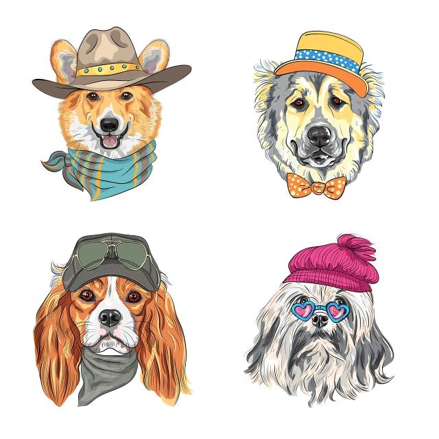 four dogs wearing hats and scarves on a black background, vector art, furry art, a beautiful artwork illustration, western comic style, full color illustration, portrait illustration