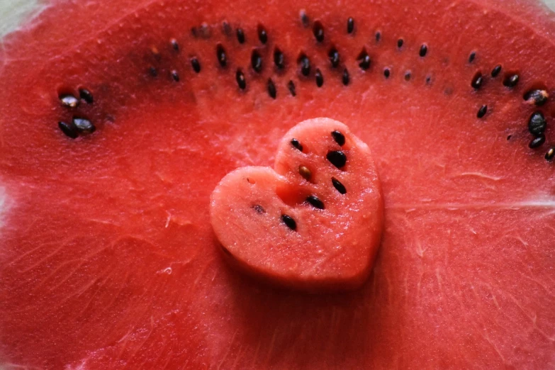 a close up of a slice of watermelon, by Anna Haifisch, hurufiyya, forming a heart with their necks, red dish, real heart!, poppy