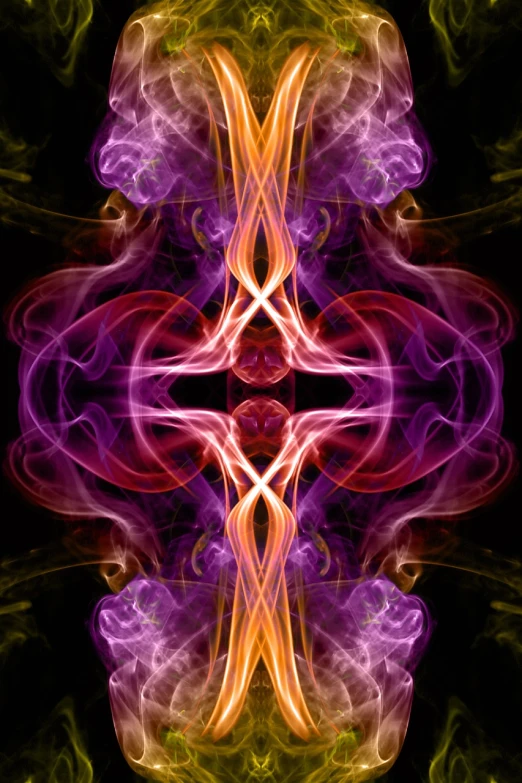 a cross made of colored smoke on a black background, digital art, inspired by Konrad Klapheck, flickr, abstract illusionism, symmetrical tarot card, orange purple and gold ”, fractal!, symmetric!