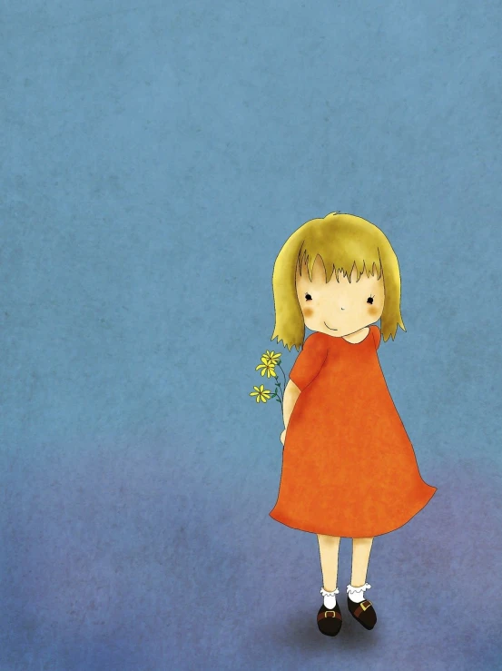 a little girl holding a bunch of flowers, a picture, by Nara Yoshitomo, minimalism, 2d animation, wearing orange sundress, yellow hair, childrens illustrated storybook