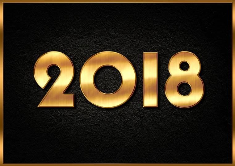 a gold 2018 new year sign on a black background, by Whitney Sherman, trending on pixabay, high resolution texture, god of war 2 0 1 8, various posed, background bar