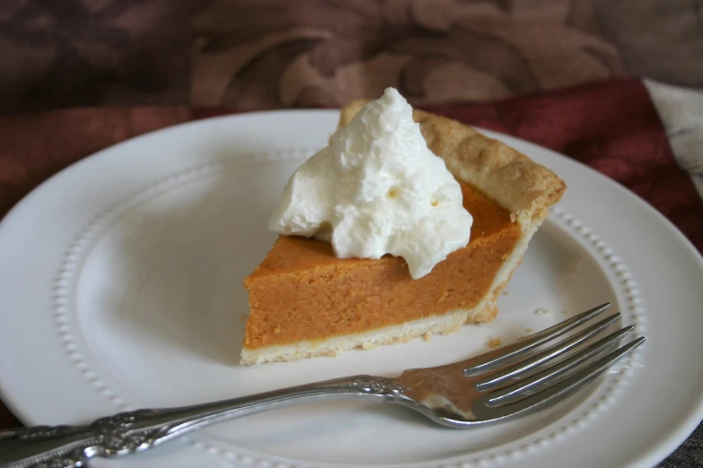 a slice of pumpkin pie on a plate with a fork, inspired by Géza Dósa, unedited, karen vikke, featured, upclose