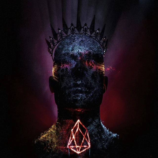 a man with a crown on his head, cyberpunk art, by Adam Marczyński, synthetism, evil album cover, threyda, crown of (pink lasers), packshot