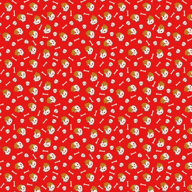 a pattern of skulls and bones on a red background, inspired by Saitō Kiyoshi, cute corgi, the sims 4 texture, red and golden color details, bozo the clown. clown motif