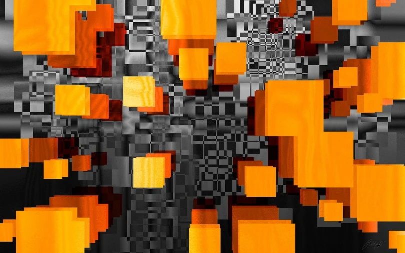 a robot standing in front of a bunch of orange cubes, digital art, inspired by Josef Mánes, generative art, floating embers, abstract cloth simulation, corrupted data, above view