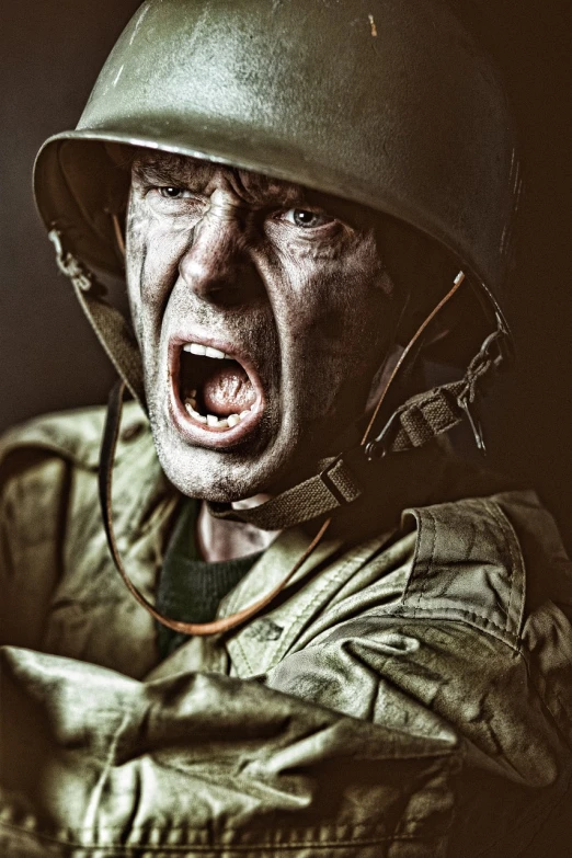 a close up of a person wearing a helmet, a portrait, by Artur Tarnowski, shutterstock, digital art, portrait of a mad general, mad man screaming, omaha beach, award winning horror photography