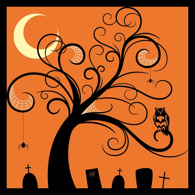 a tree with a spider web hanging from it's branches, vector art, by Melissa A. Benson, shutterstock contest winner, dada, at the graveyard at midnight, !!! very coherent!!! vector art, orange and black, owl