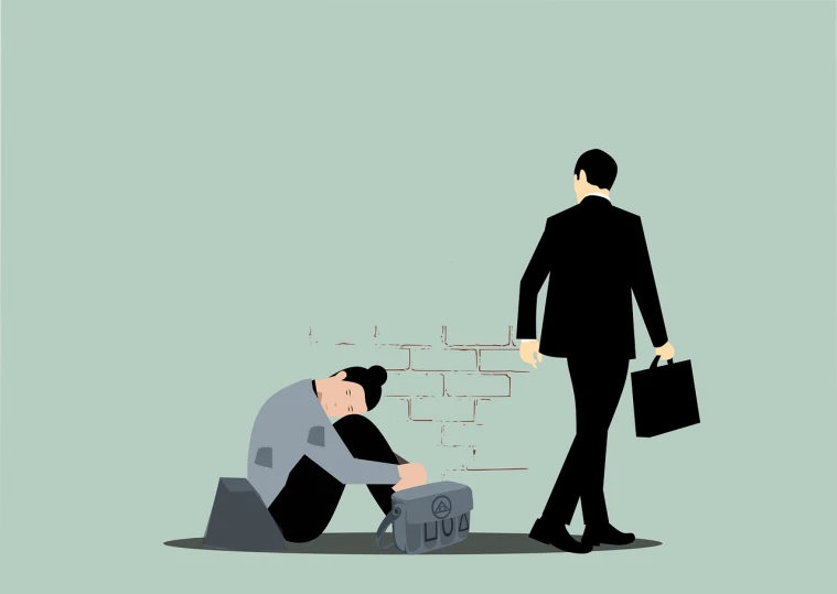 a man kneeling down next to another man with a briefcase, a picture, conceptual art, flat background, devastated, brick, on simple background