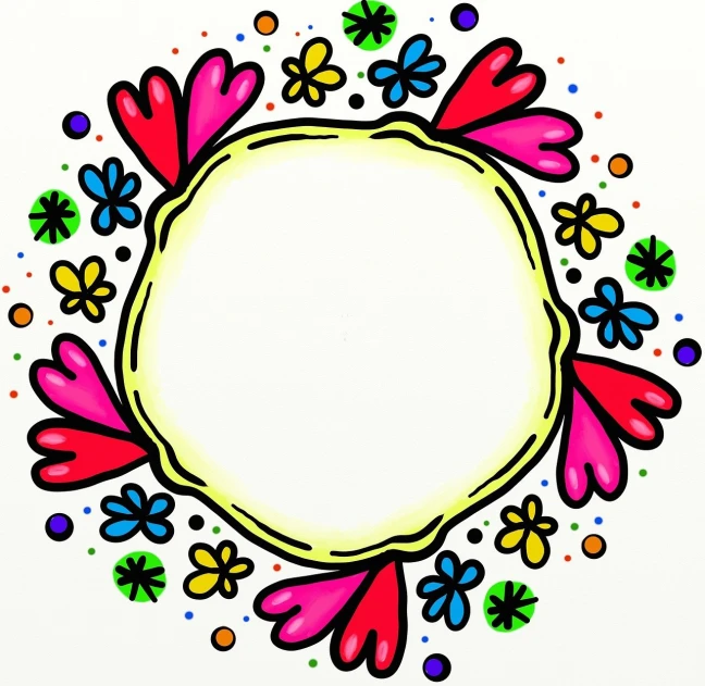 a drawing of a circle with hearts and flowers, inspired by Peter Max, flickr, flower frame, hand painted cartoon art style, fluorescent, けもの