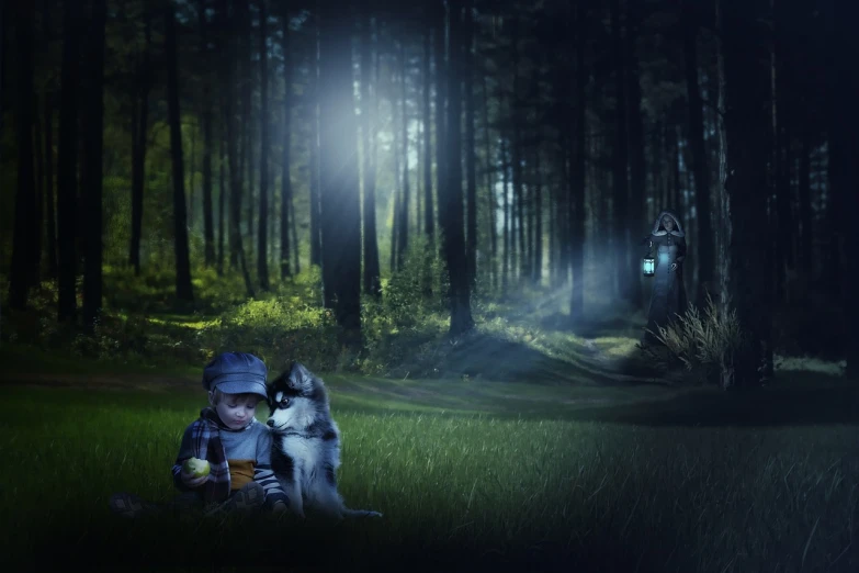 a couple of kids sitting on top of a lush green field, inspired by Alexander Jansson, cougar in forest at night, with his hyperactive little dog, lens flare photo real, grey forest background