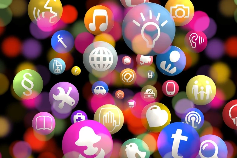 a bunch of social icons floating in the air, by Etienne Delessert, shutterstock, digital art, tactile buttons and lights, bubbles ”, colorful”, iphone photo