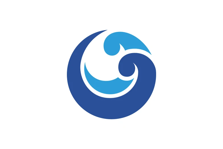 a blue and white logo with a person holding a baby, a photo, pexels, ninja with katana of water wave, tube wave, white background and fill, yin yang