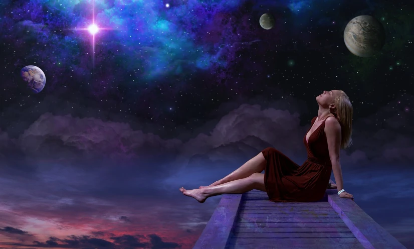 a woman in a red dress sitting on a dock, digital art, trending on pixabay, magical realism, looking up at the stars, purplish space in background, high quality fantasy stock photo, relaxing