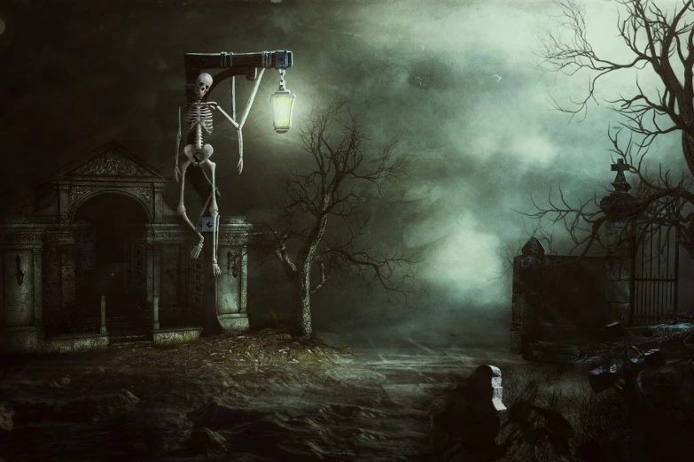 a spooky skeleton hanging from the side of a building, a matte painting, deviantart contest winner, gothic art, evil spirits roam with lanterns, graveyard landscape at night, emotional surrealist art, grave
